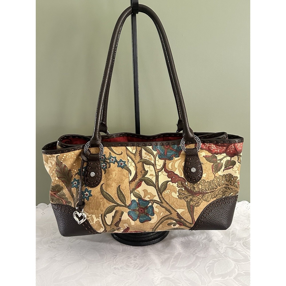 Vintage Brighton Leather Tapestry Shoulder Purse Bag Pockets Floral Classic